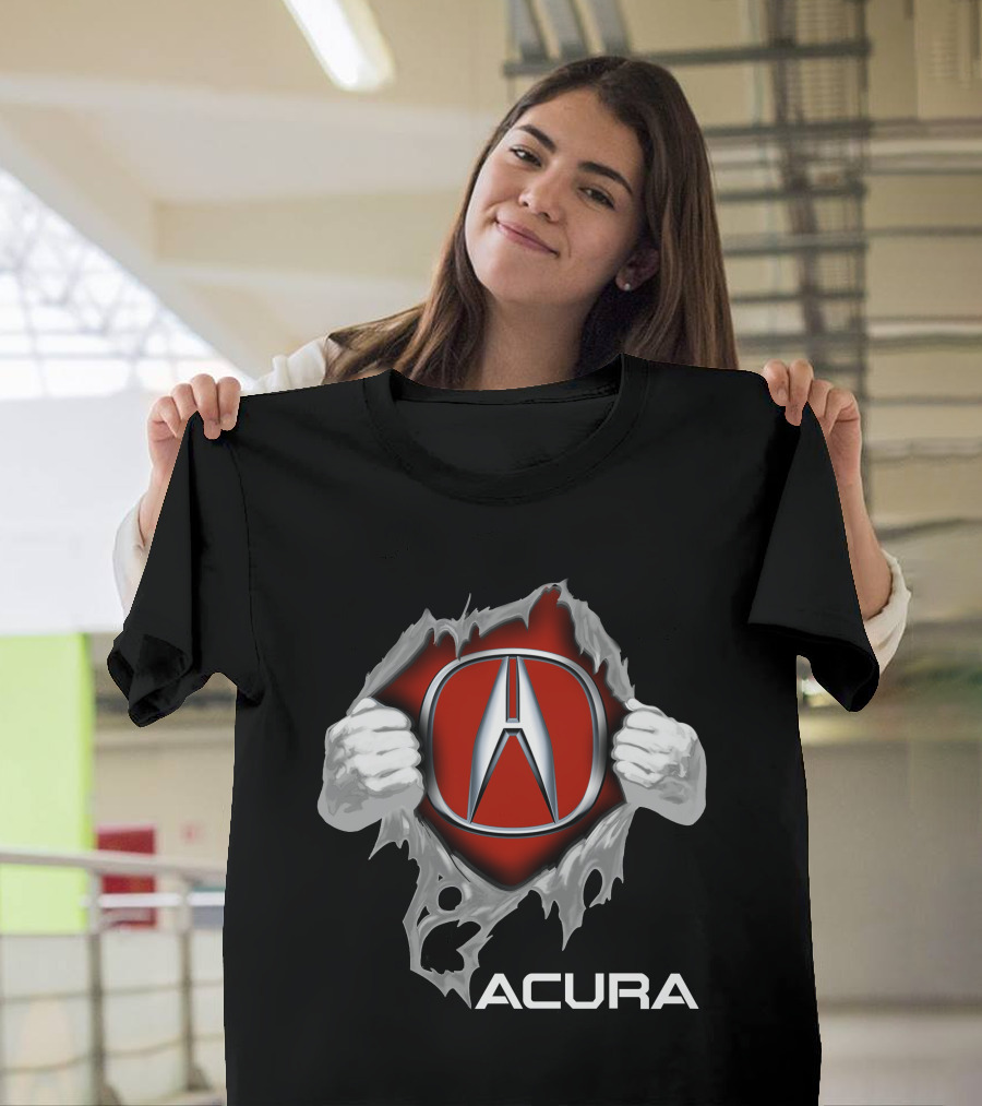 Acura Logo With Hands Tearing Through Red Background Iconic Symbol T-Shirt