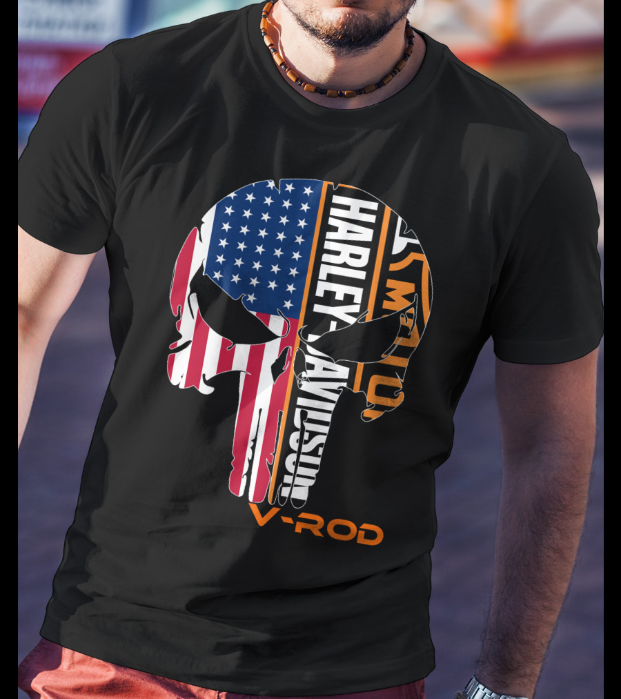 V-Rod Harley Davidson American Flag Skull T-Shirt