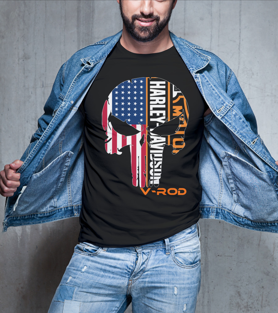 V-Rod Harley Davidson American Flag Skull T-Shirt