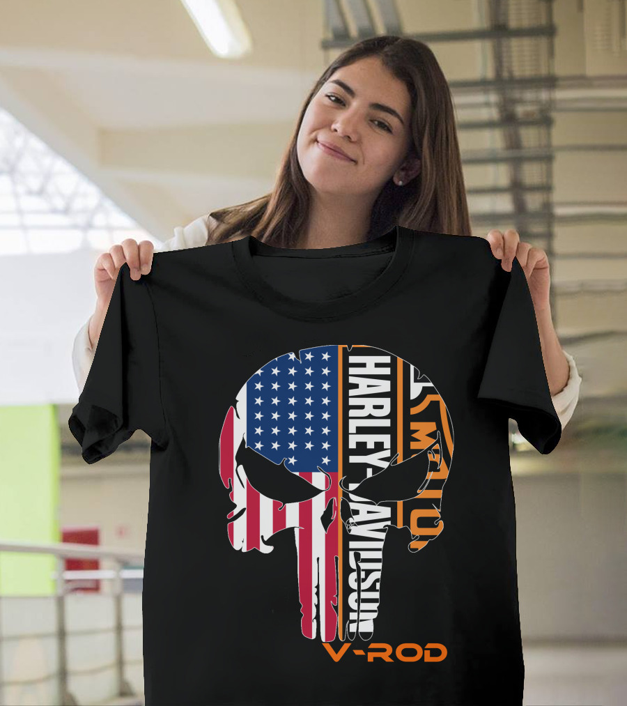 V-Rod Harley Davidson American Flag Skull T-Shirt