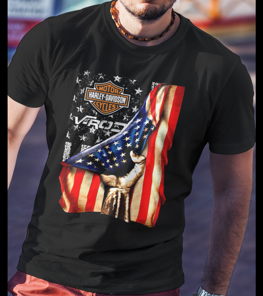 Harley Davidson Motor Cycles Vrod 12 American Flag Fist T-Shirt