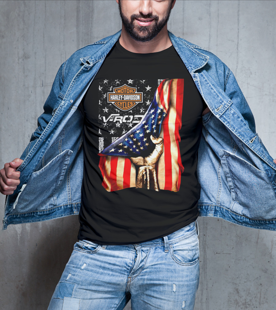 Harley Davidson Motor Cycles Vrod 12 American Flag Fist T-Shirt