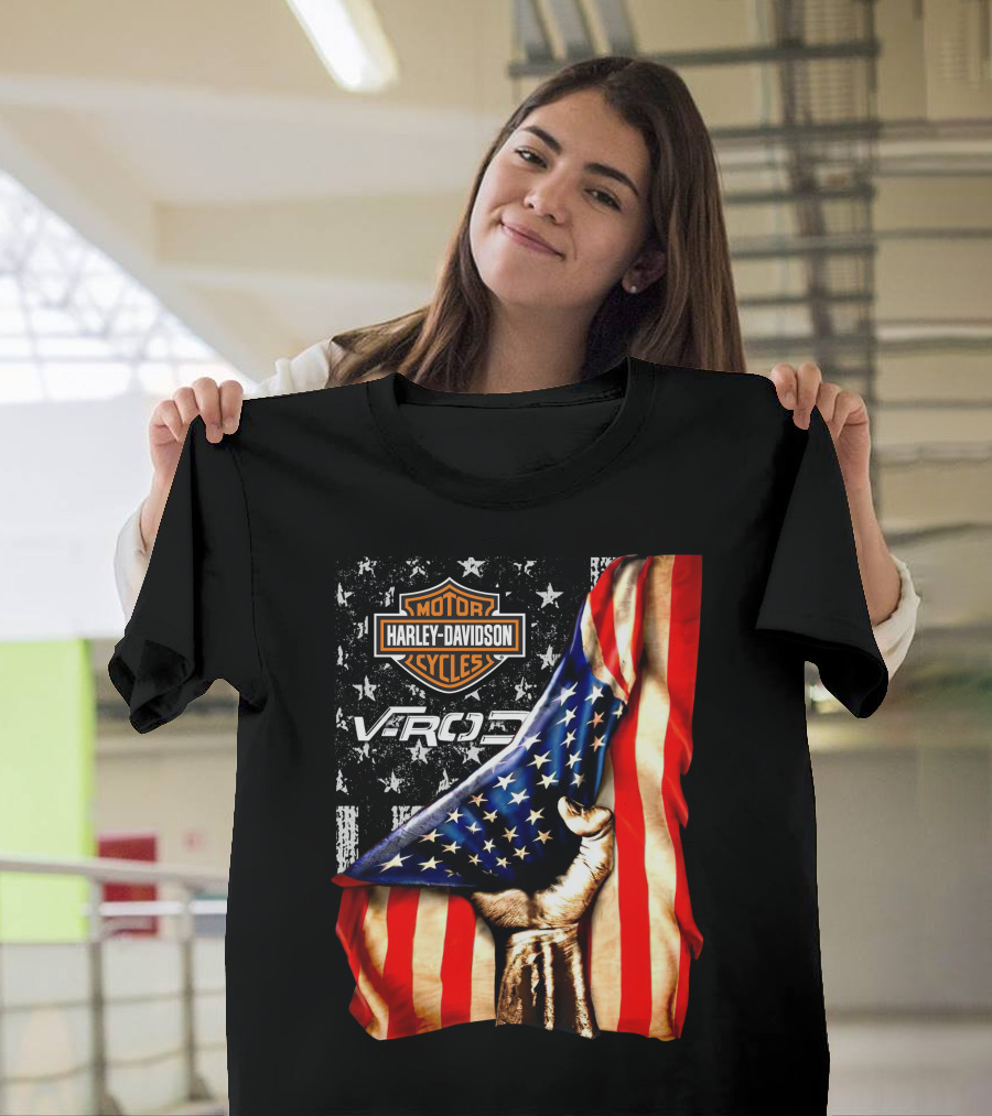 Harley Davidson Motor Cycles Vrod 12 American Flag Fist T-Shirt