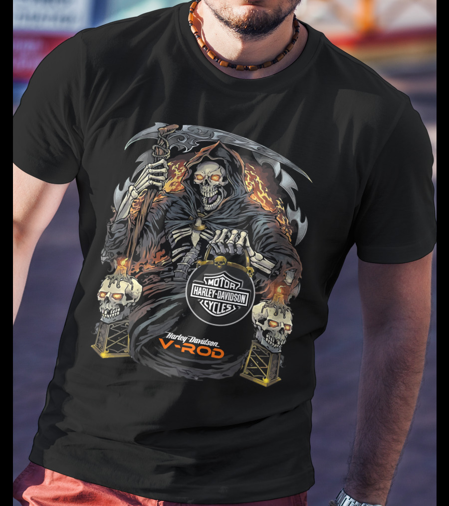 Harley Davidson V-Rod Grim Reaper Skeleton Flames T-Shirt
