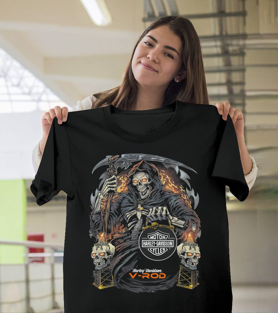 Harley Davidson V-Rod Grim Reaper Skeleton Flames T-Shirt