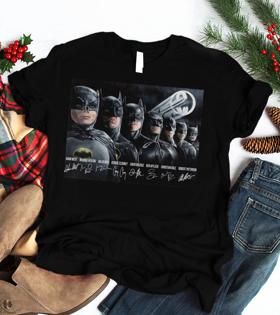 Adam West Michael Keaton Val Kilmer George Clooney David Mazouz Ben Affleck Christian Bale Robert Pattinson Batman Bat-Signal T-Shirt