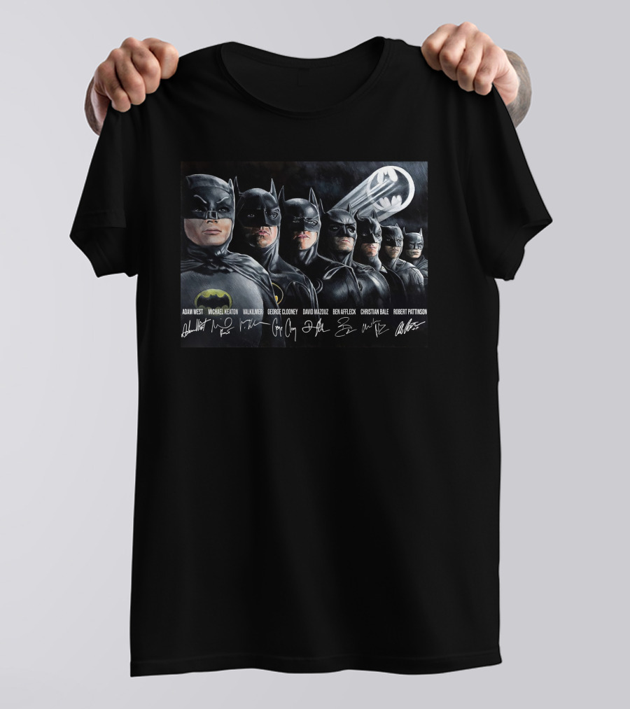 Adam West Michael Keaton Val Kilmer George Clooney David Mazouz Ben Affleck Christian Bale Robert Pattinson Batman Bat-Signal T-Shirt