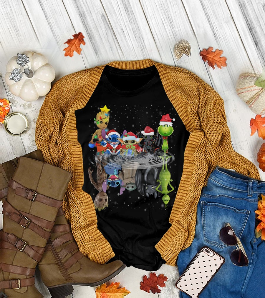 Groot Stitch Yoda Grinch Christmas Reflection T-Shirt