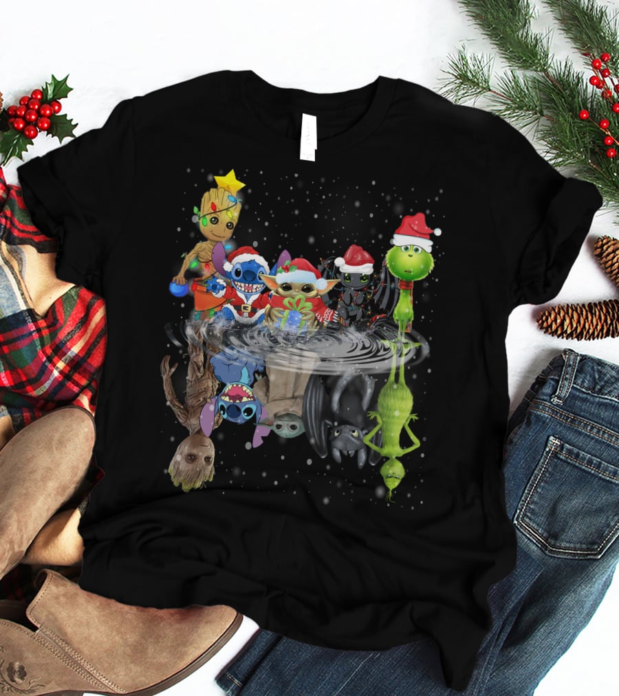Groot Stitch Yoda Grinch Christmas Reflection T-Shirt