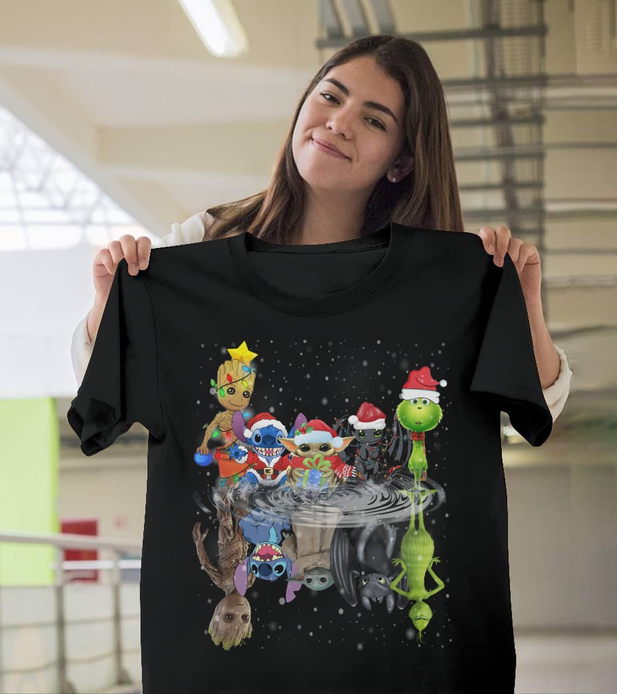 Groot Stitch Yoda Grinch Christmas Reflection T-Shirt