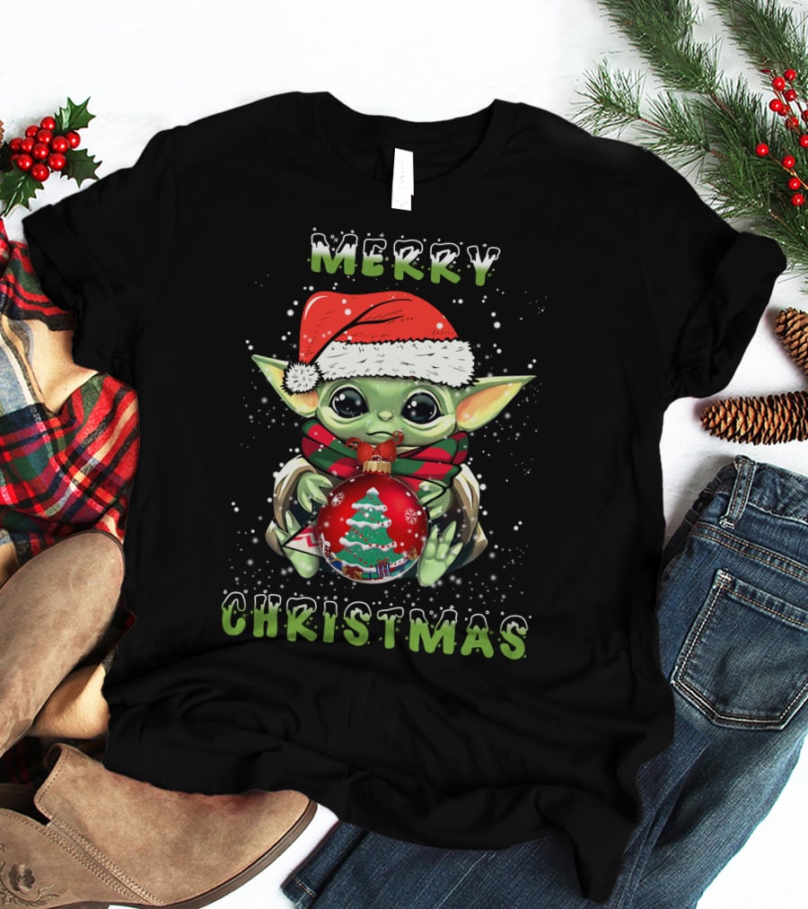 Merry Christmas Baby Alien Santa Hat Snowflakes T-Shirt
