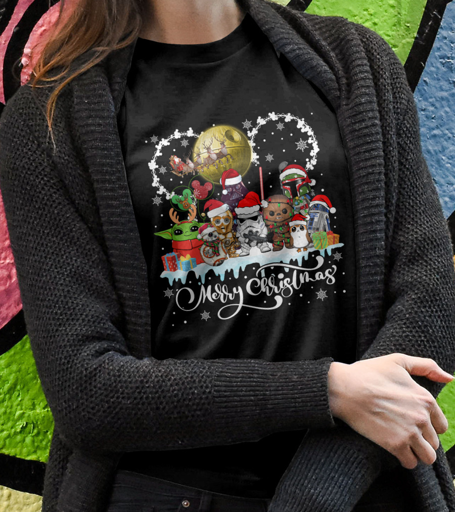 Merry Christmas Star Warss Characters Santa Hats Snowflakes T-Shirt