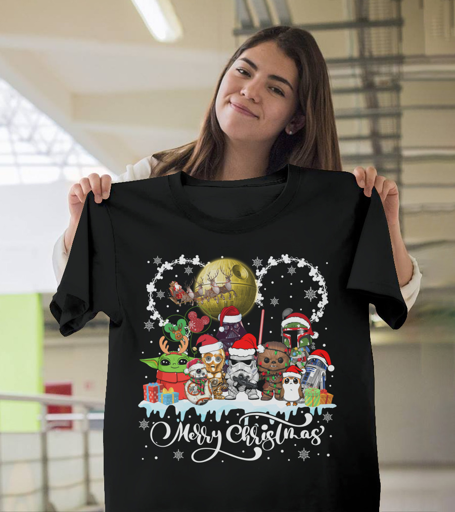 Merry Christmas Star Warss Characters Santa Hats Snowflakes T-Shirt