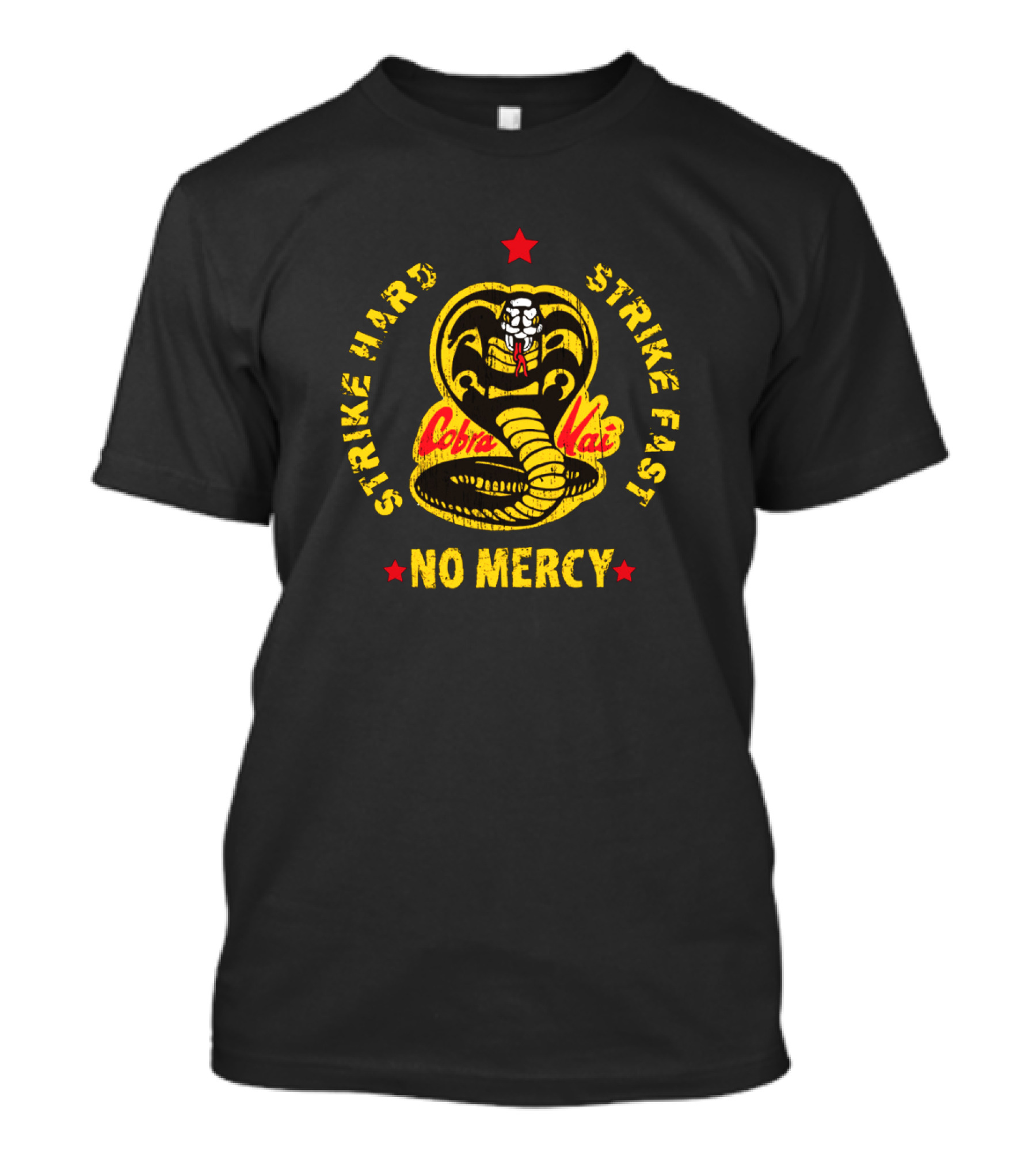 Cobra Kai Strike Hard Strike Fast No Mercy Logo With Red Star And Coiled Cobra T-Shirt