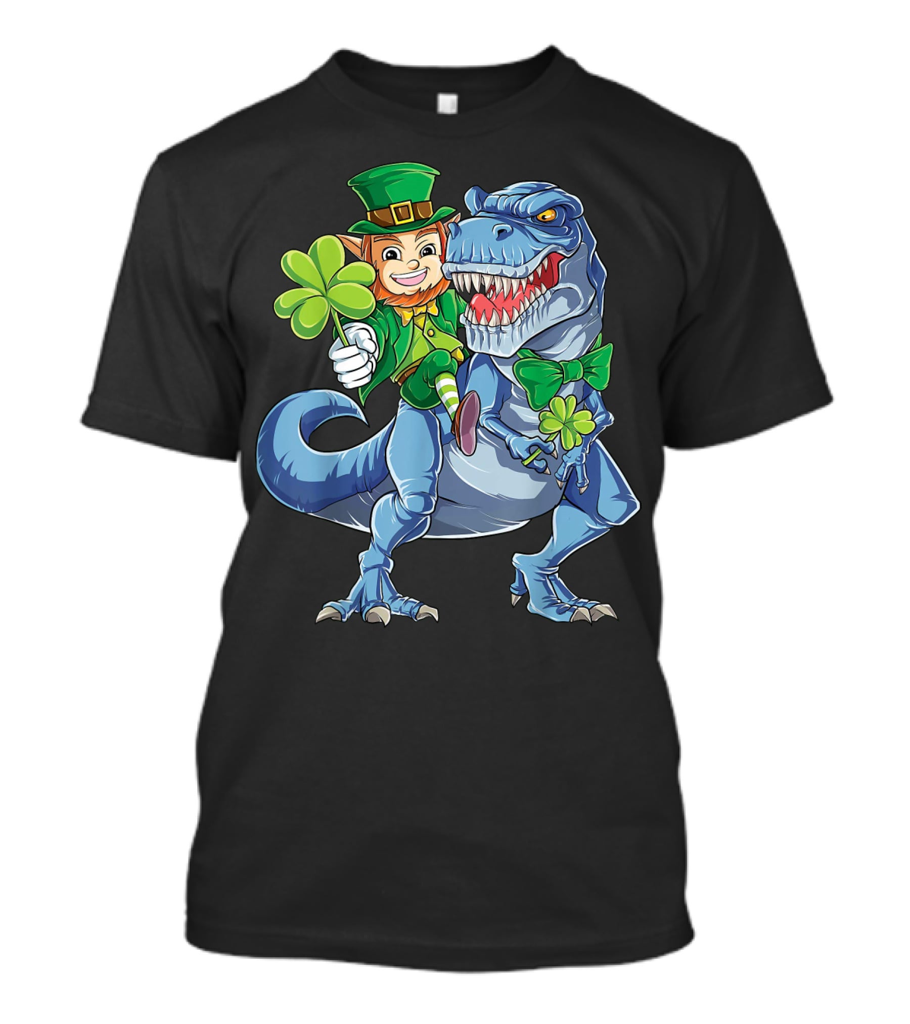 Leprechaun With Shamrock And Bowtie Riding T-Rex Dinosaur T-Shirt