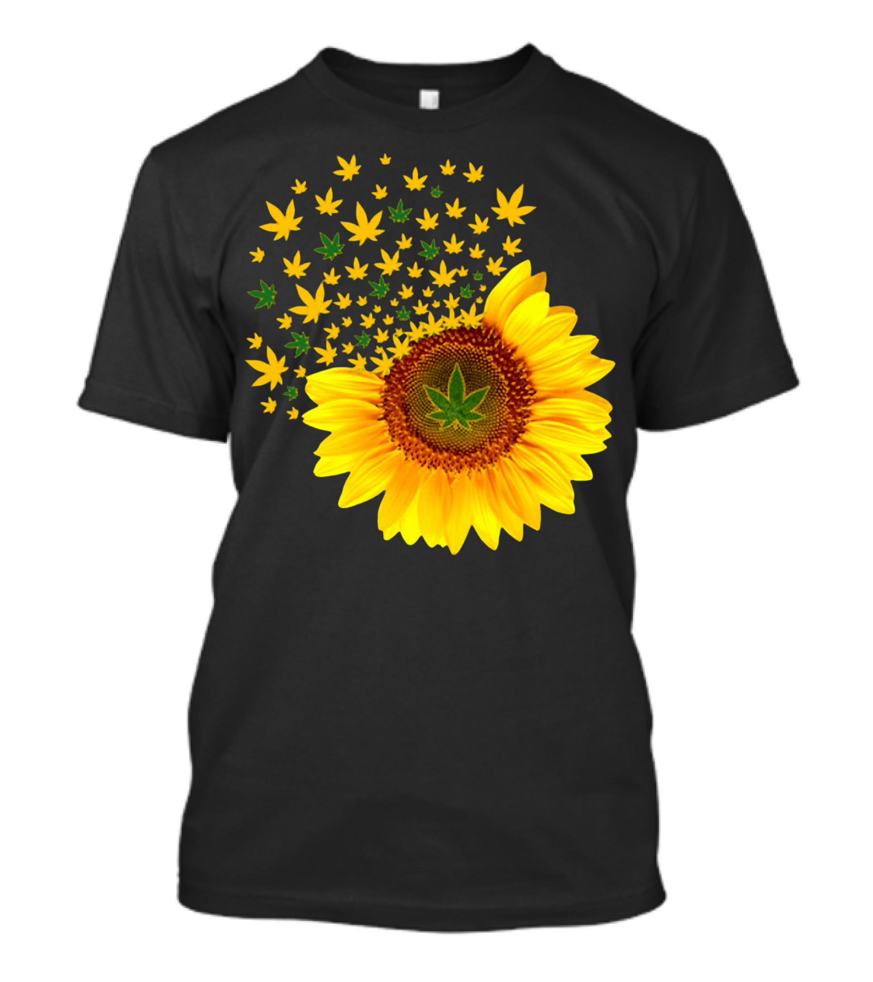 Sunflower With Dispersing Yellow And Green Weed Leaves T-Shirt