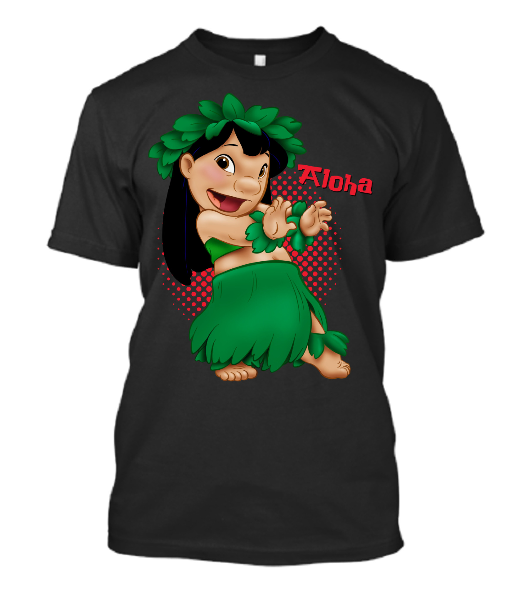 Lilo And Stitch Aloha Lilo Green Hula Dance With Red Polka Dot Background T-Shirt