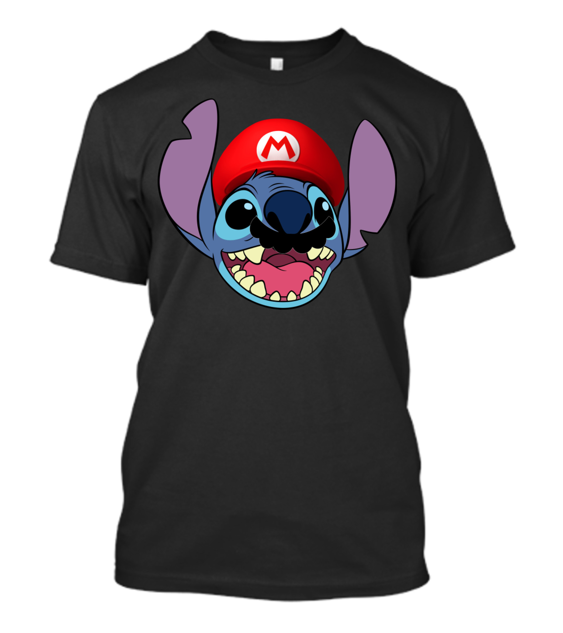 Stitch Wearing Mario Hat And Mustache Cartoon Crossover T-Shirt