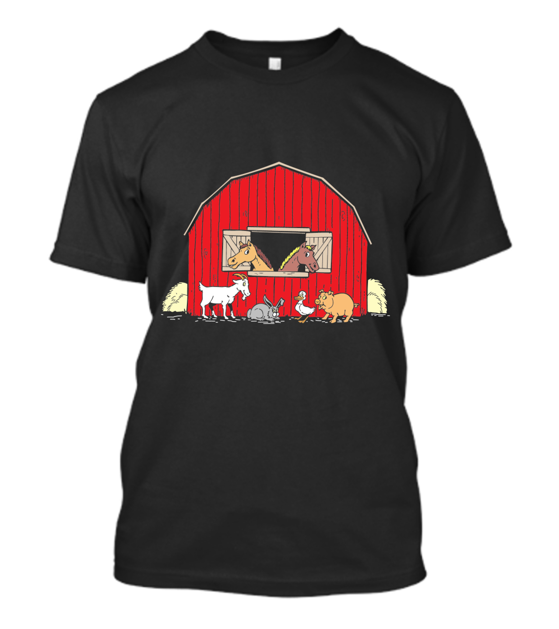 Barnyard Animals Red Barn Horses Pig Goat Duck Scene T-Shirt