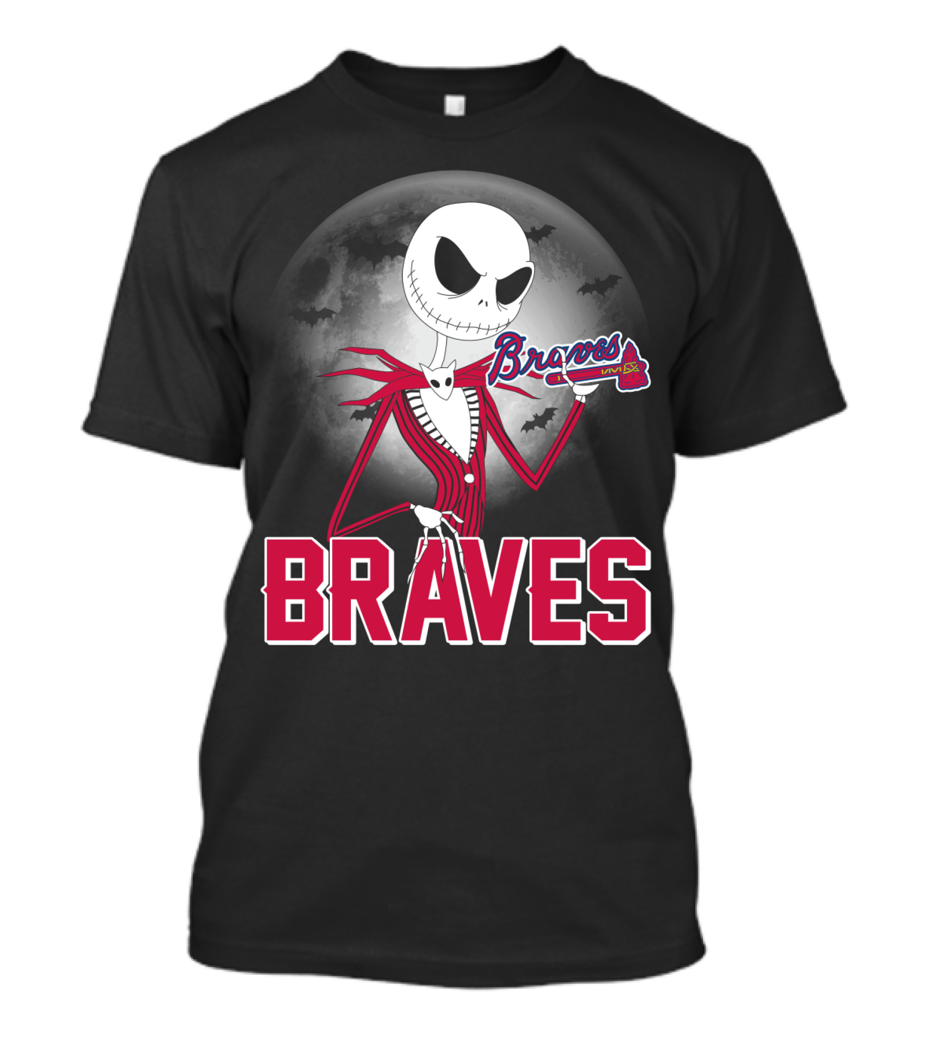 Jack Skellington Braves Halloween With Atlanta Baseball Moon And Bats T-Shirt