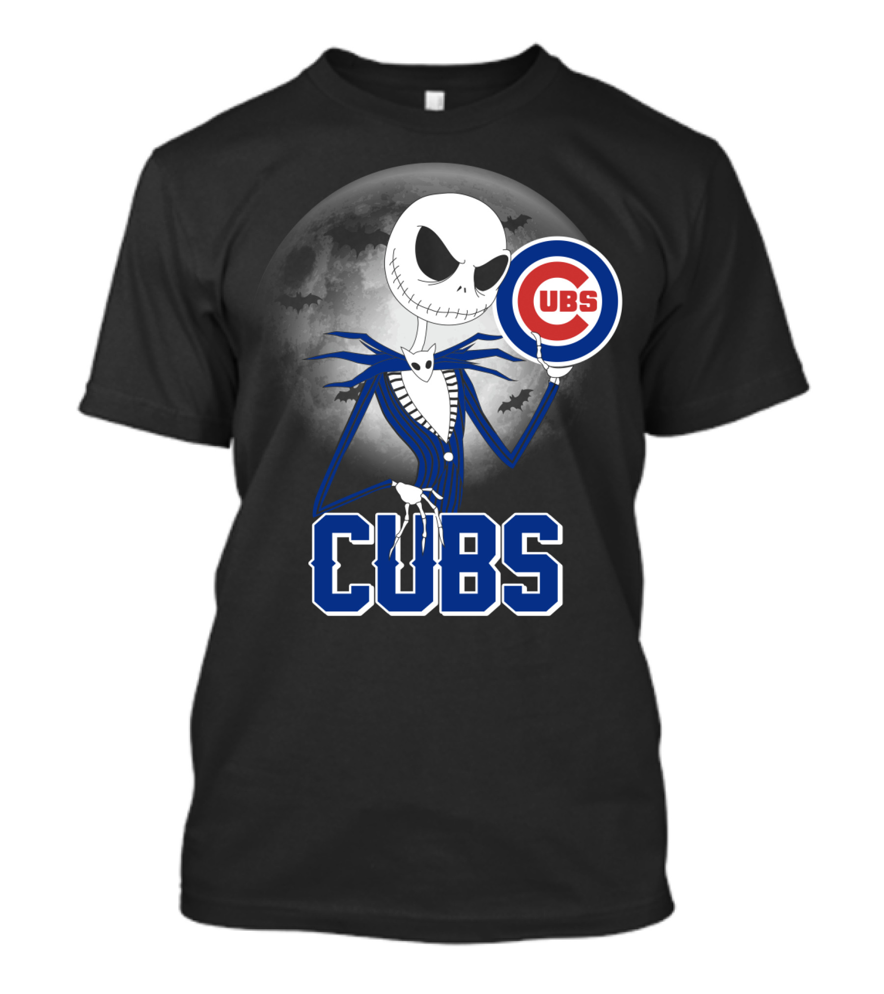 Jack Skellington Halloween Cubs Logo Fans With Full Moon And Bats T-Shirt