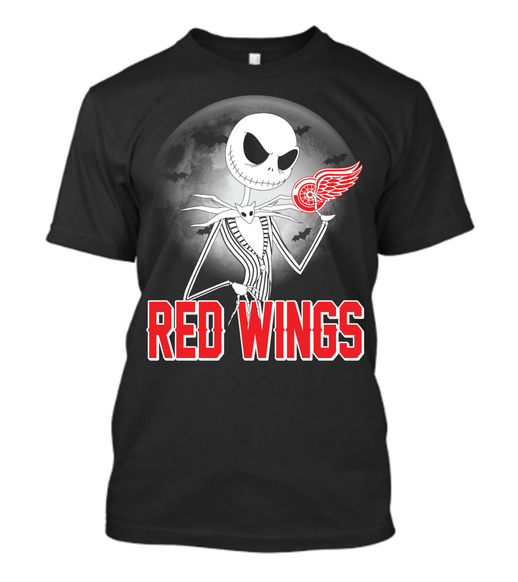 Jack Skellington Holding Detroit Red Wings Symbol In Halloween Moonlit Scene T-Shirt