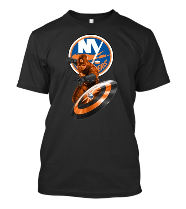 New York Islanders Captain America Collaboration Shield And Logo Graphics T-Shirt