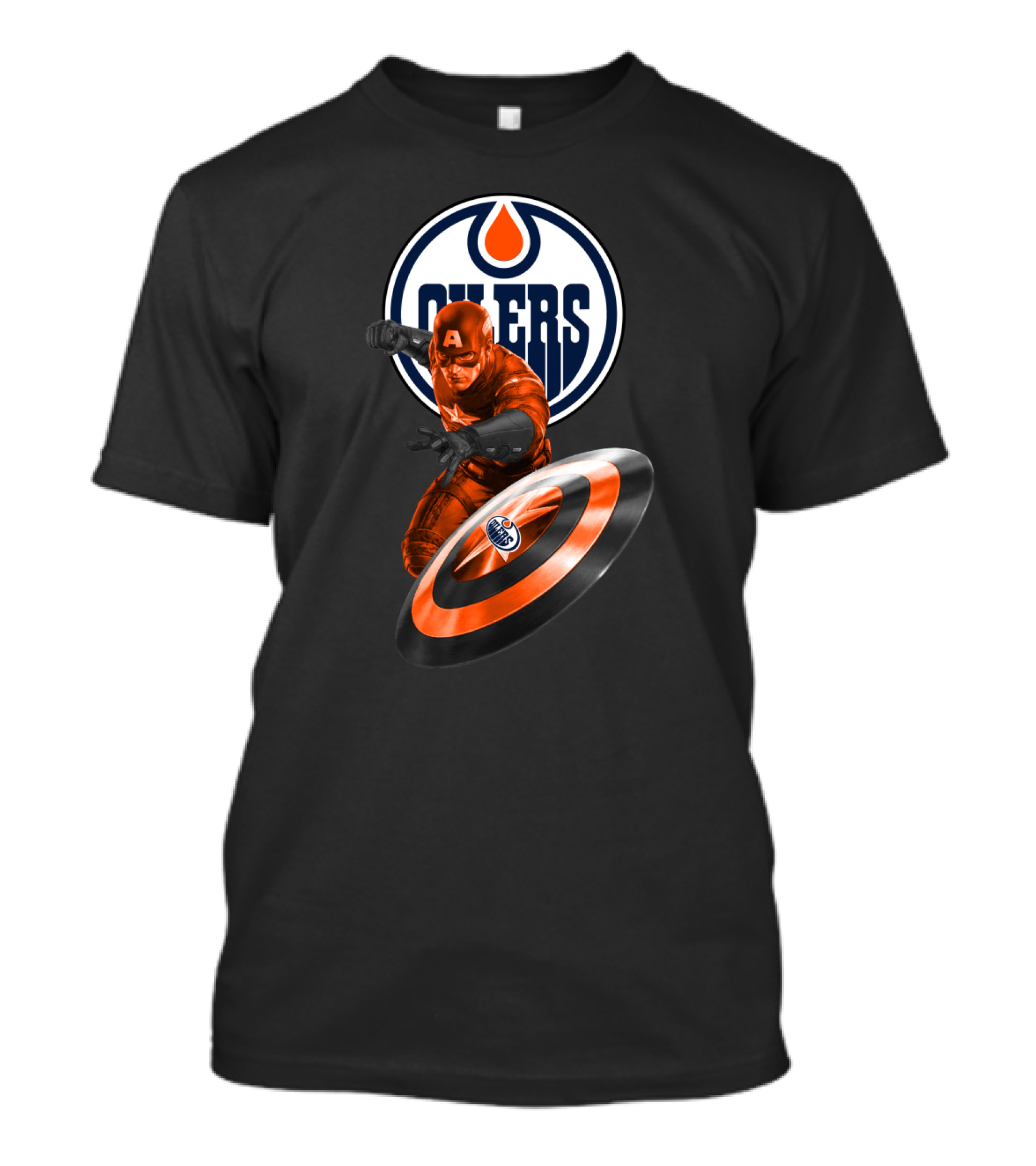 Edmonton Oilers Captain America Crossover With Shield Logo And Dynamic Pose T-Shirt