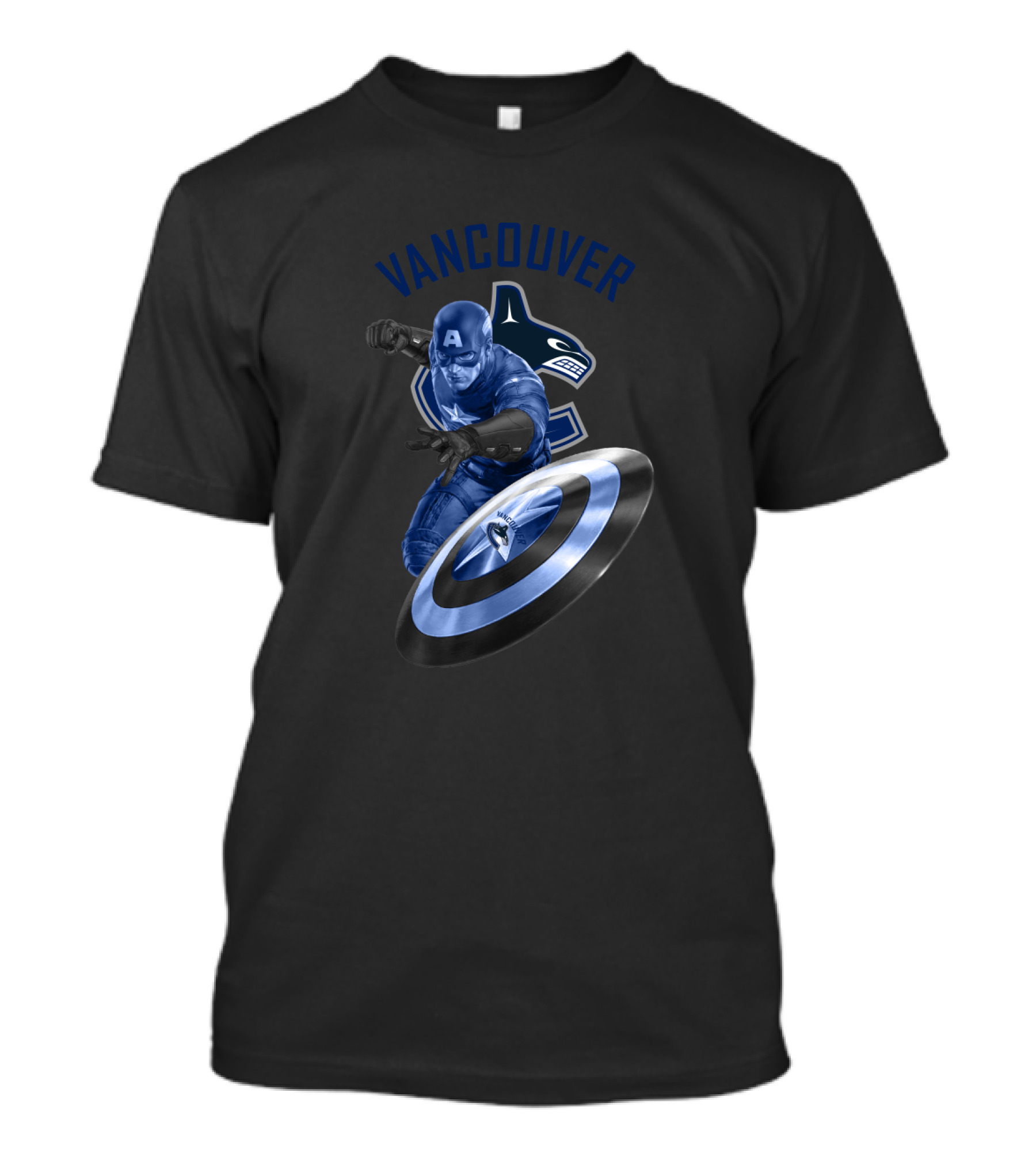 Vancouver Canucks Captain America Logo Crossover With Hockey Orca And Shield T-Shirt