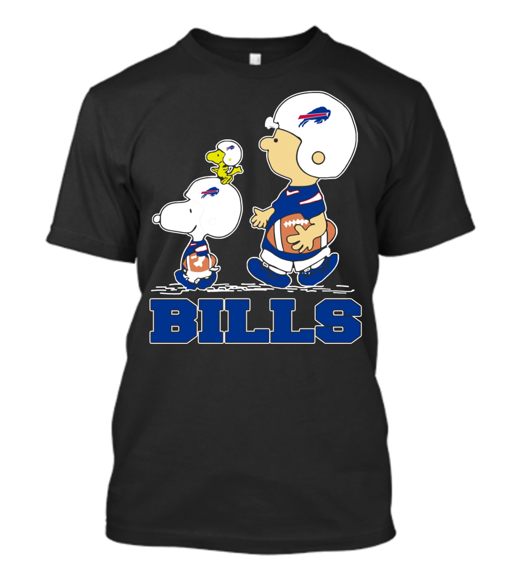 Snoopy And Woodstock In Buffalo Bills Helmets With Charlie Brown And Football T-Shirt