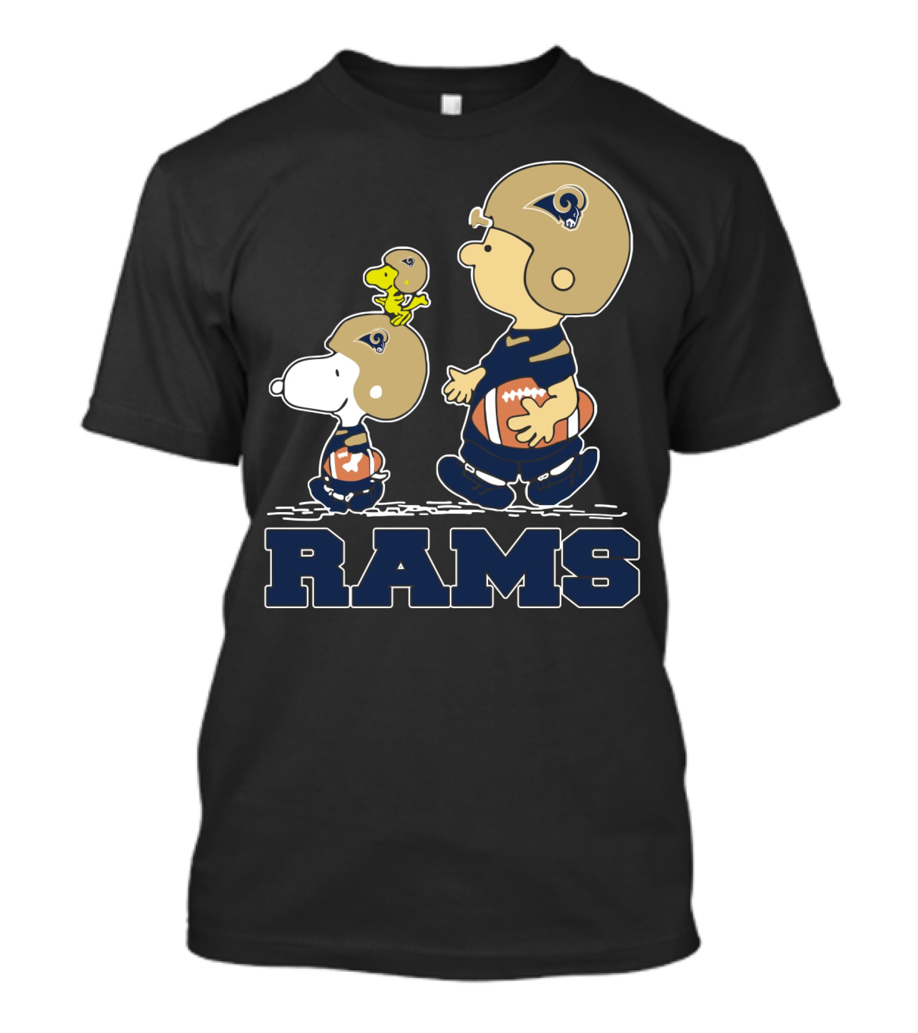 Snoopy And Woodstock With Los Angeles Rams Helmets And Football T-Shirt