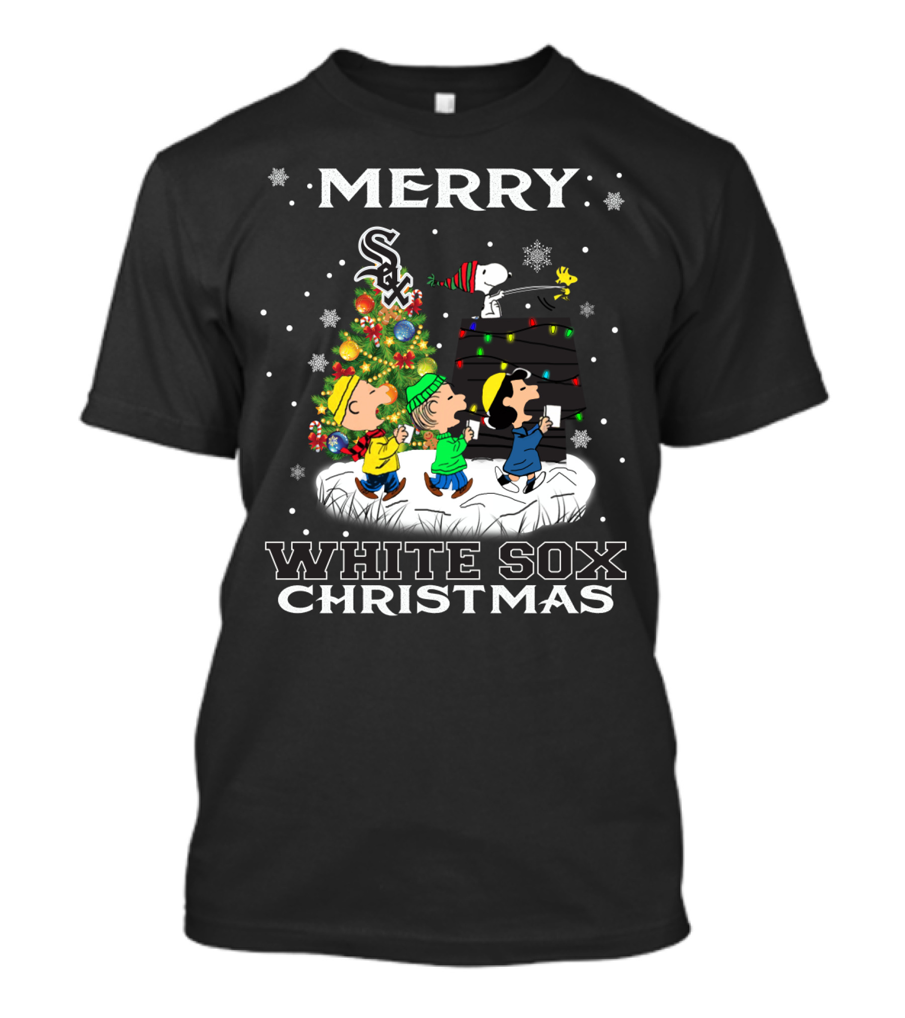 Merry Chicago White Sox Christmas For Snoopy Fans With Peanuts Characters T-Shirt