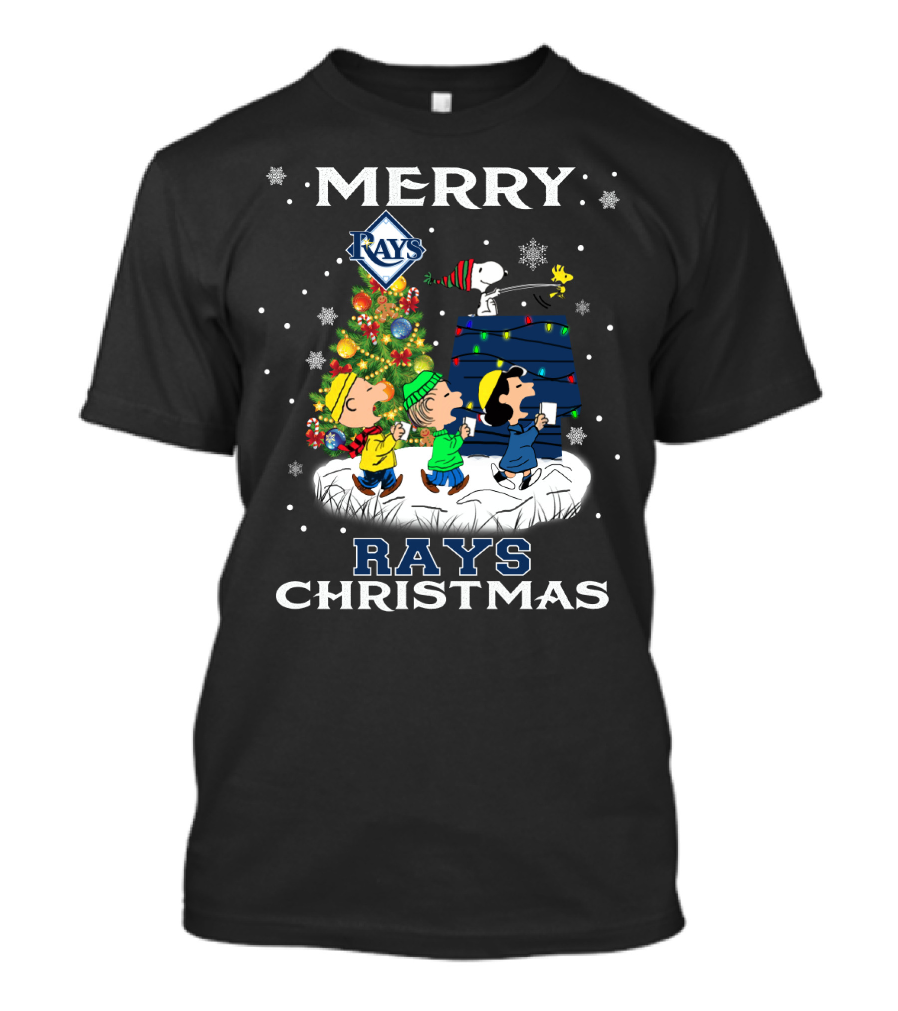 Merry Christmas Tampa Bay Rays Snoopy Fans Charlie Brown Peanuts Holiday Snowflakes T-Shirt