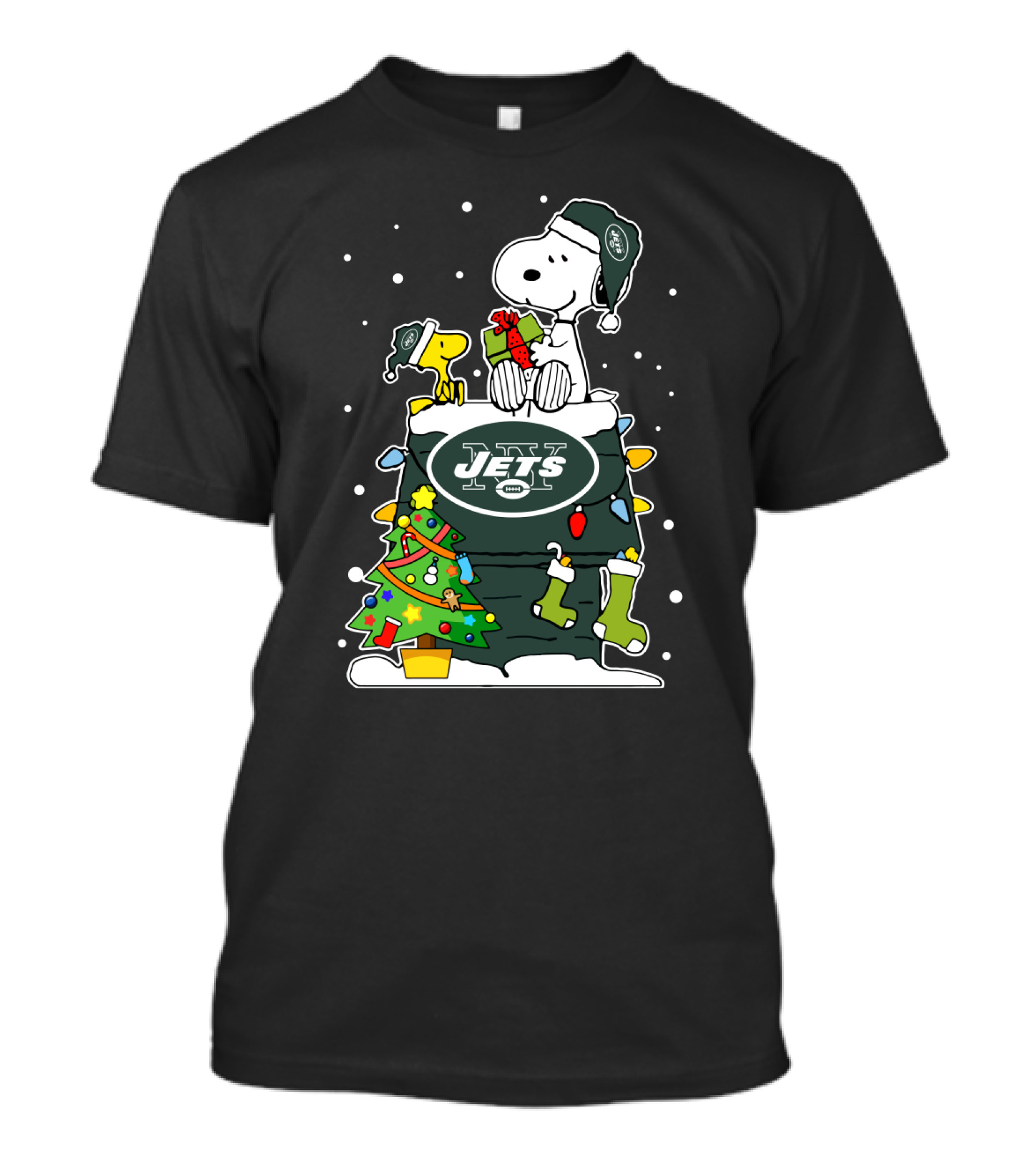 New York Jets Snoopy And Woodstock Christmas Gift With Tree And Snowflakes T-Shirt