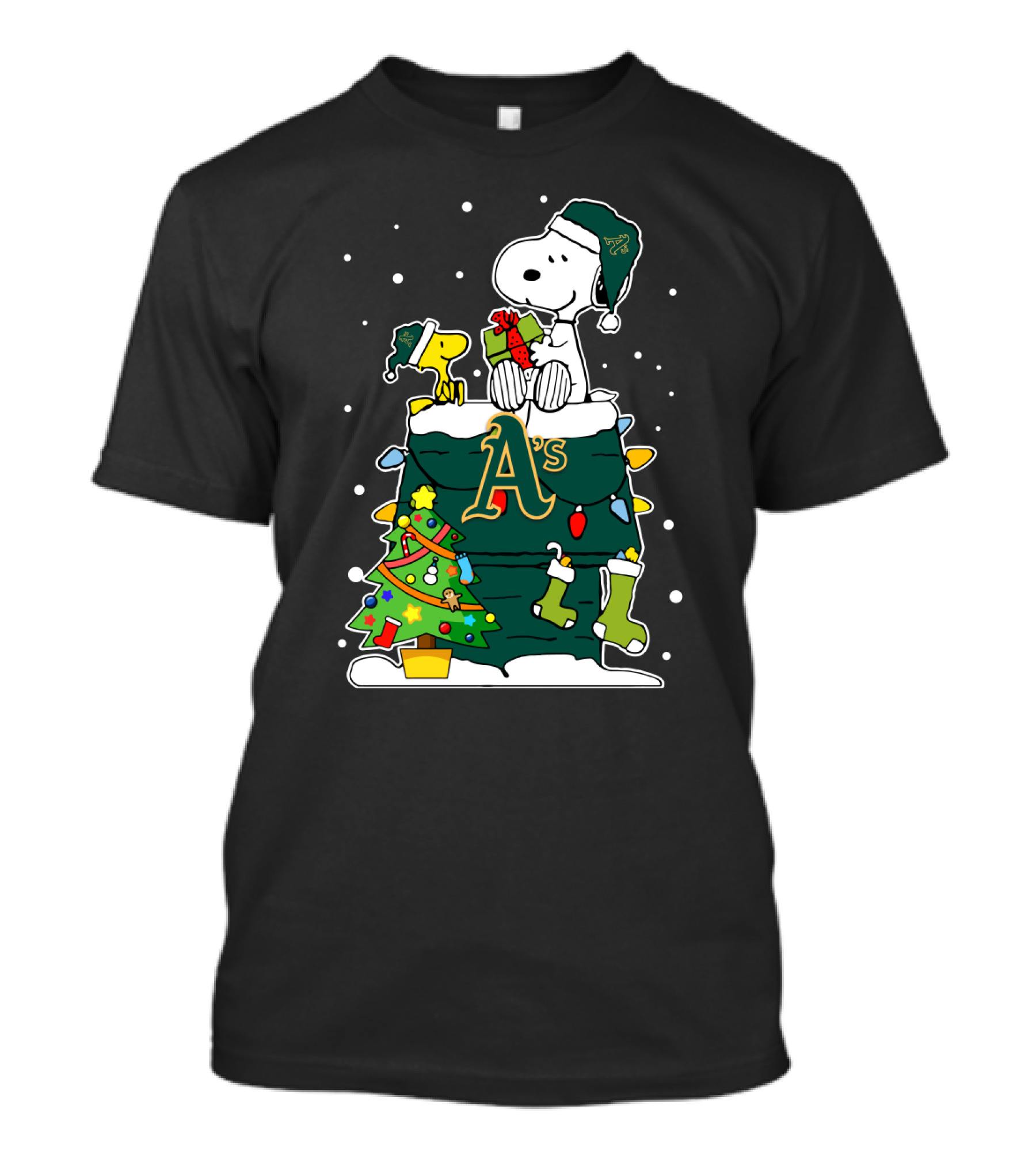 Oakland Athletics Snoopy Christmas Peanuts Holiday Gift Tree T-Shirt