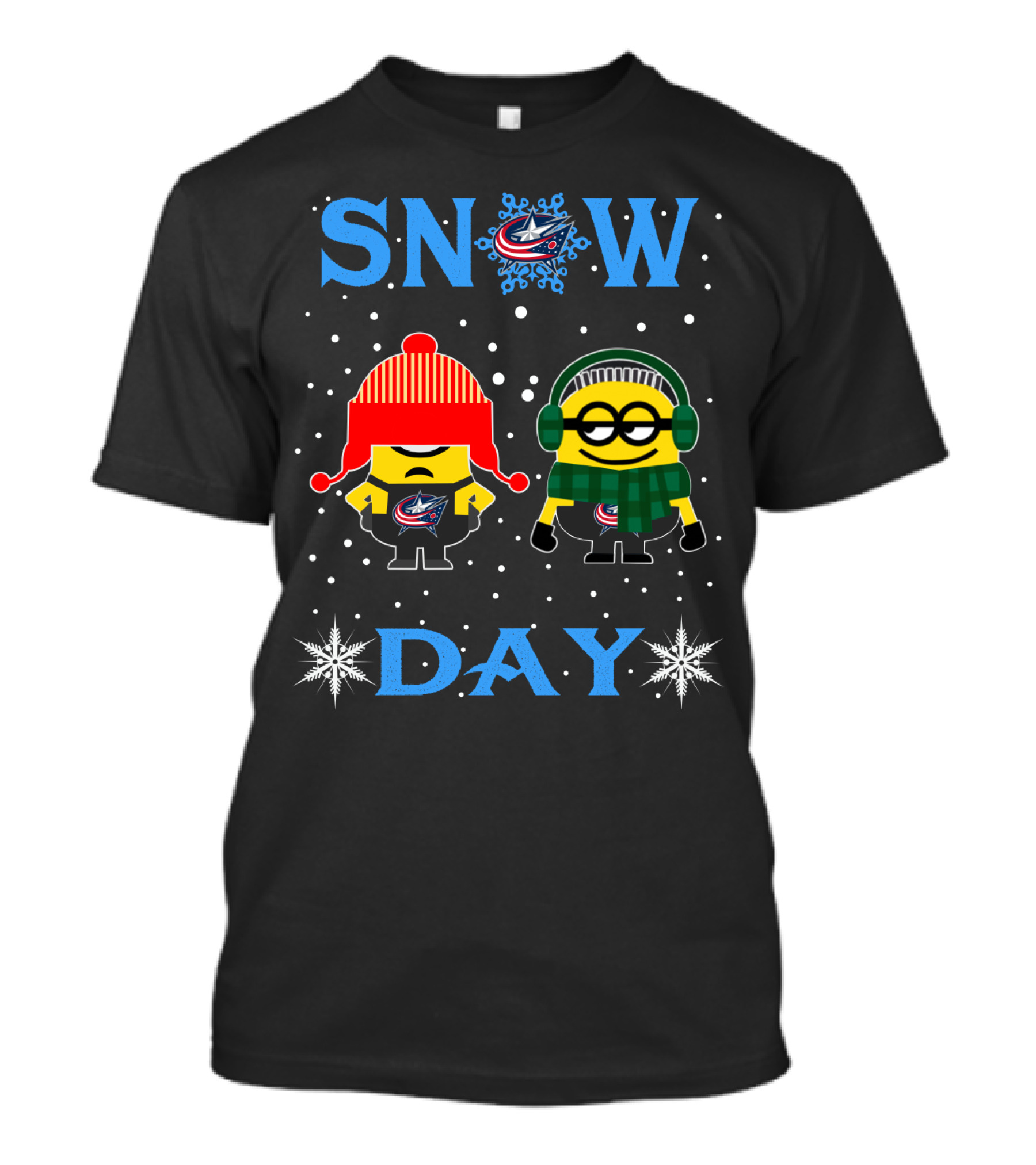 Snow Day For Columbus Blue Jackets Vs Minion With Winter Hats And Scarves T-Shirt