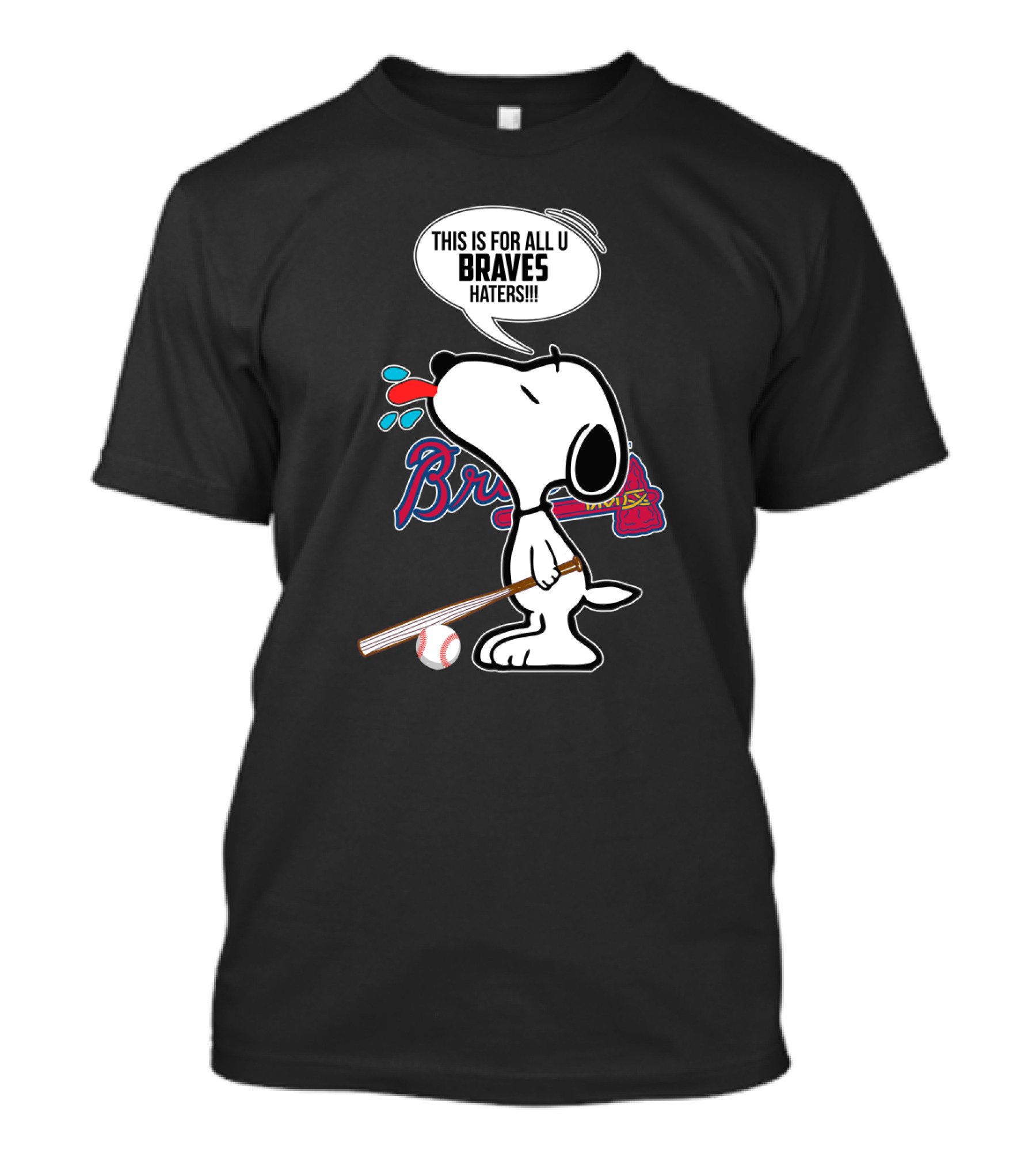 Snoopy Braves Tongue Out With Baseball Bat And Braves Text T-Shirt