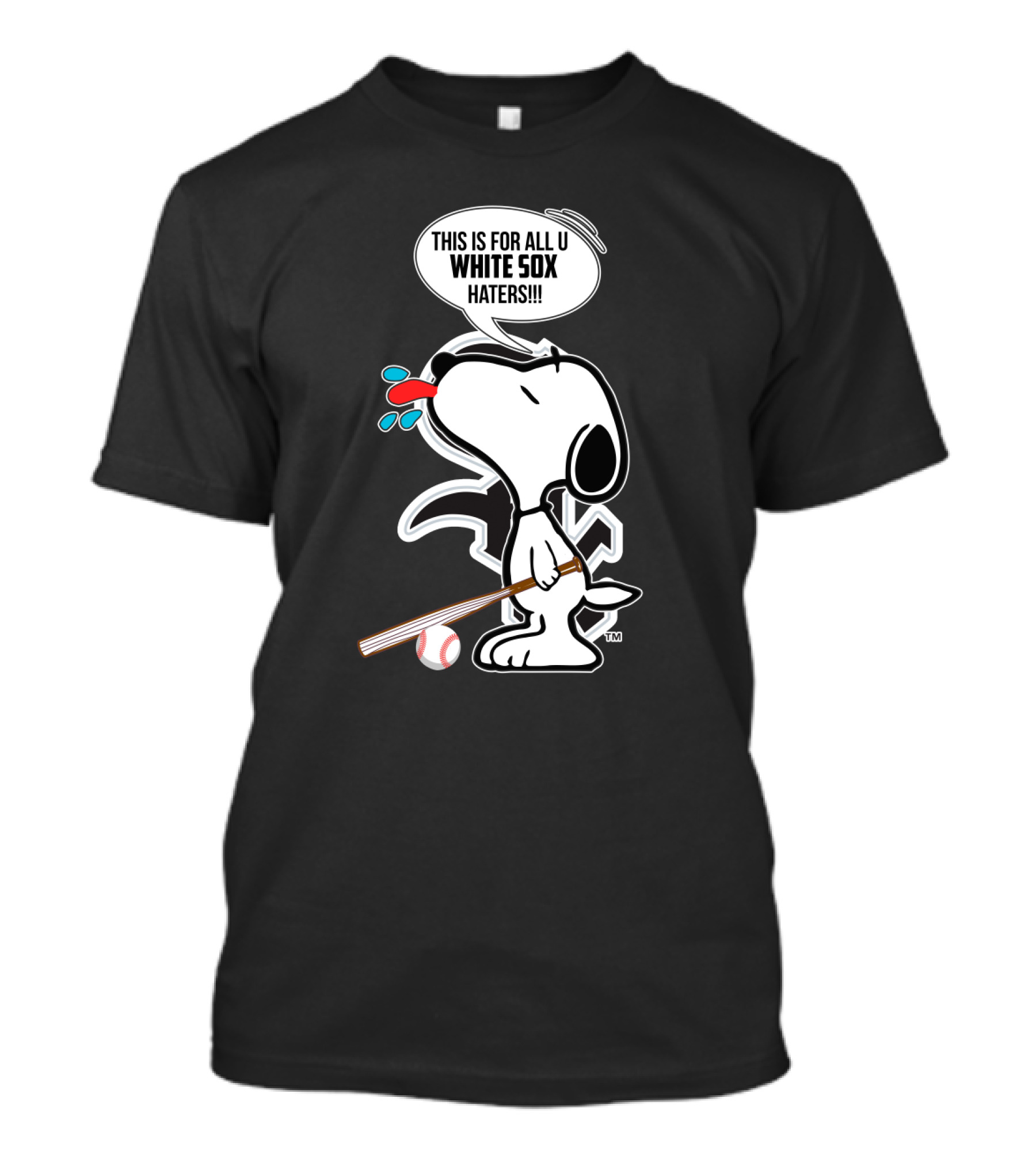 Snoopy Baseball Bat Graphic White Sox Haters Text Peppermint T-Shirt