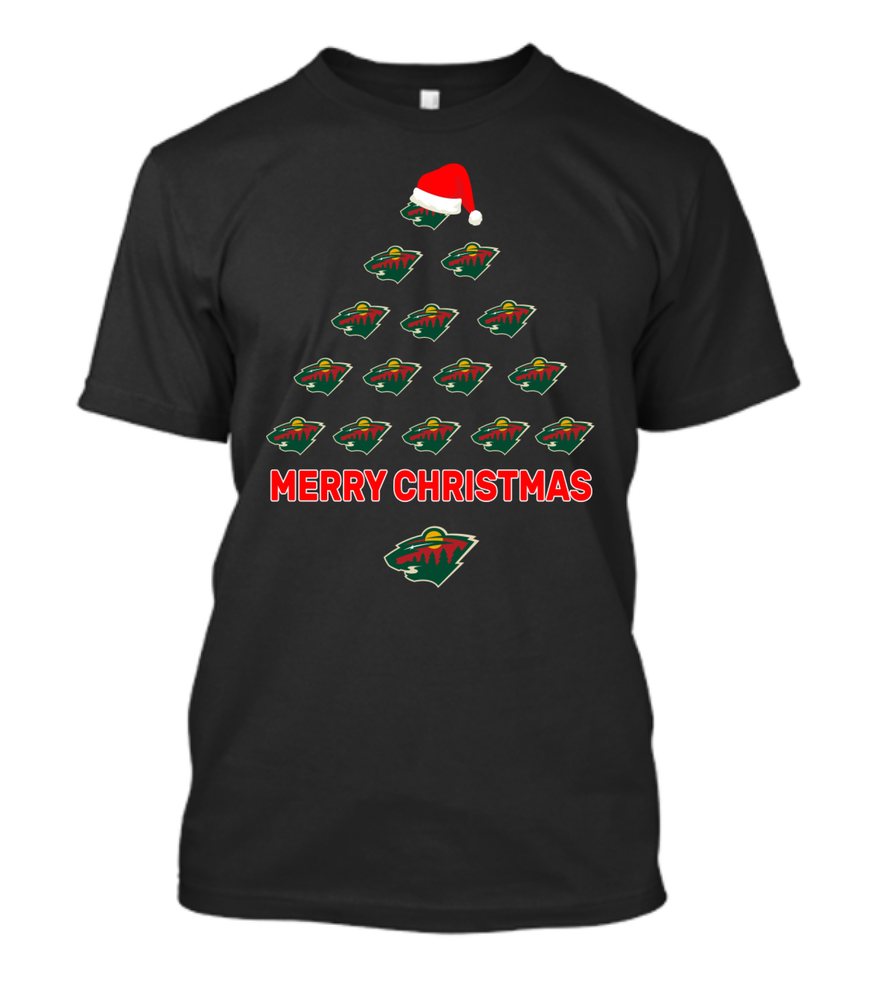 Minnesota Wild Merry Christmas Tree Design With Team Logos And Santa Hat T-Shirt