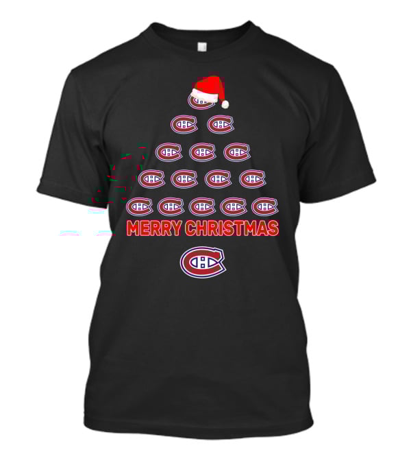Merry Christmas Montreal Canadiens Tree With Logos And Santa Hat T-Shirt