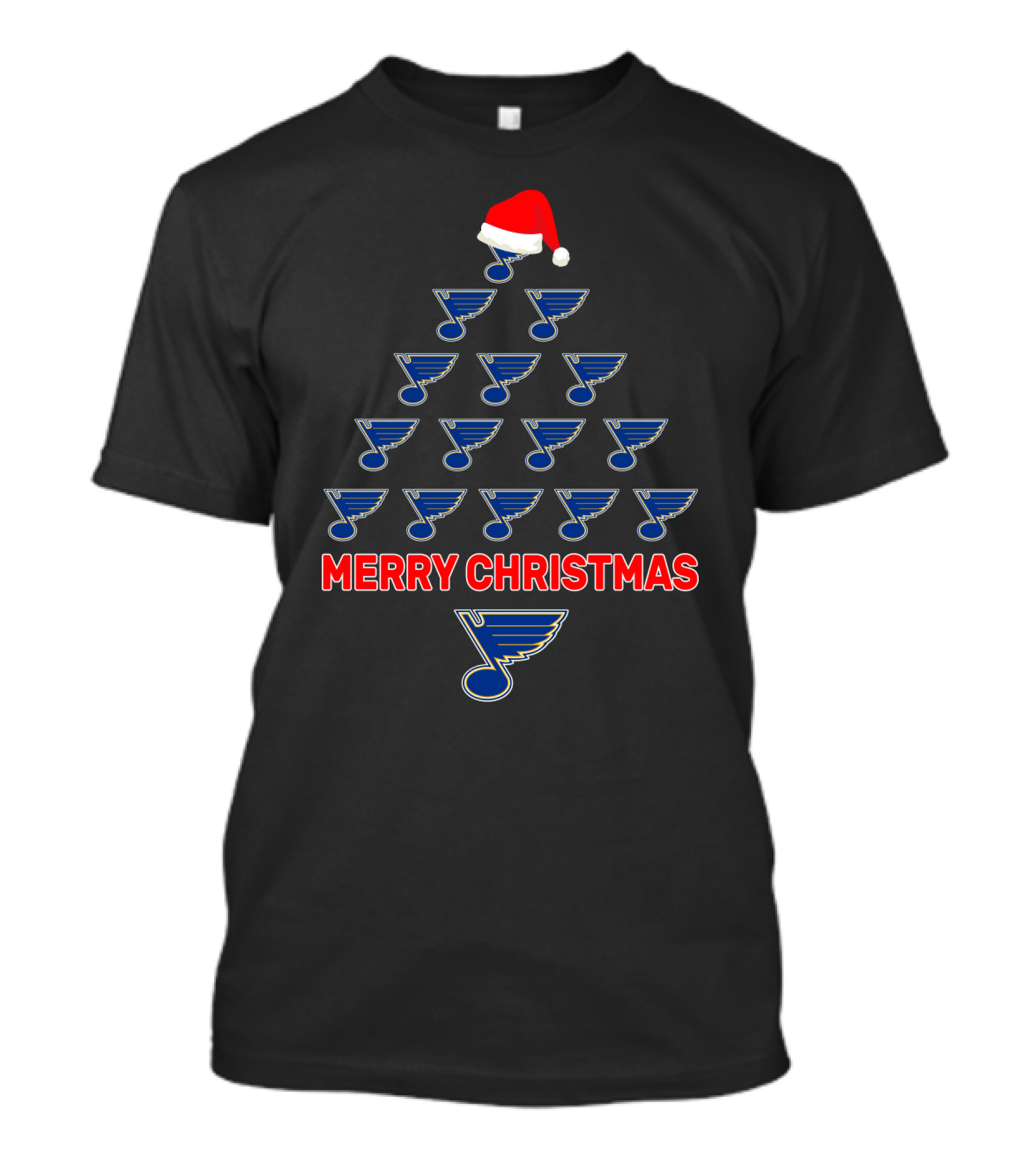 Merry Christmas Tree Made Of St. Louis Blues Logos With Santa Hat For Fans T-Shirt