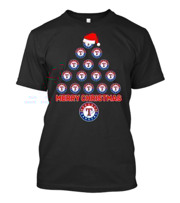 Merry Christmas Texas Rangers Tree With Logos And Santa Hat T-Shirt