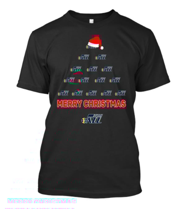 Utah Jazz Merry Christmas Tree With Logo And Santa Hat T-Shirt