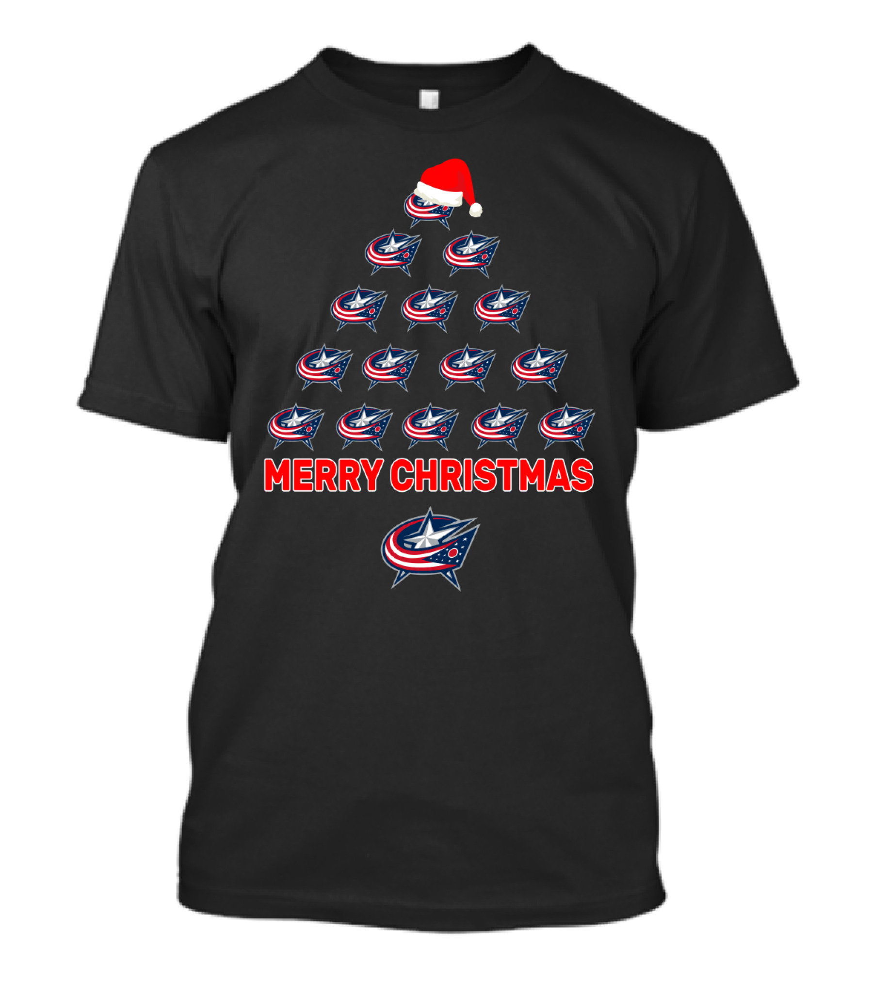 Columbus Blue Jackets Christmas Tree With Santa Hat And Merry Christmas Message T-Shirt