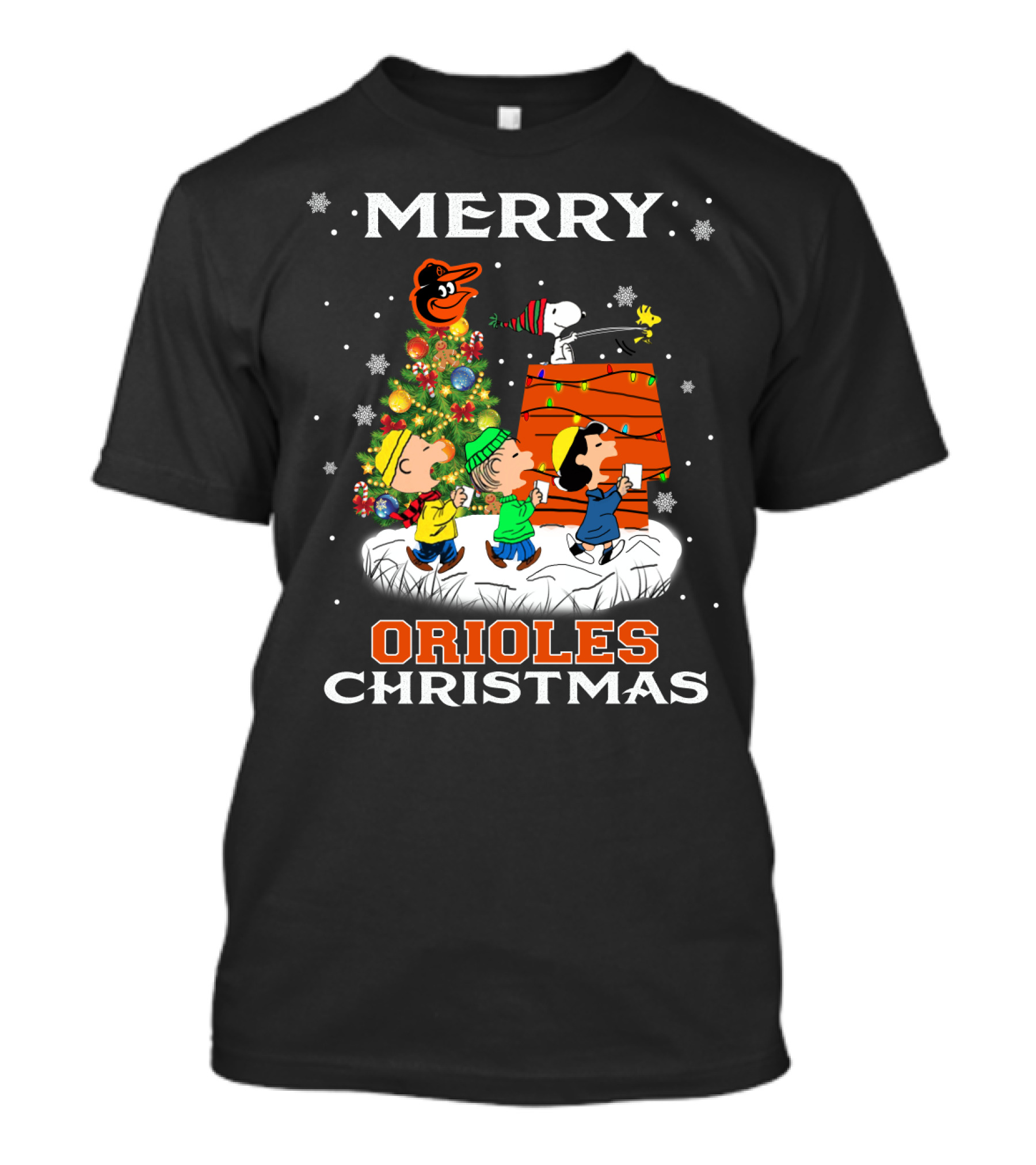 Merry Orioles Christmas Featuring Snoopy And Friends With Baltimore Logo And Festive Tree T-Shirt