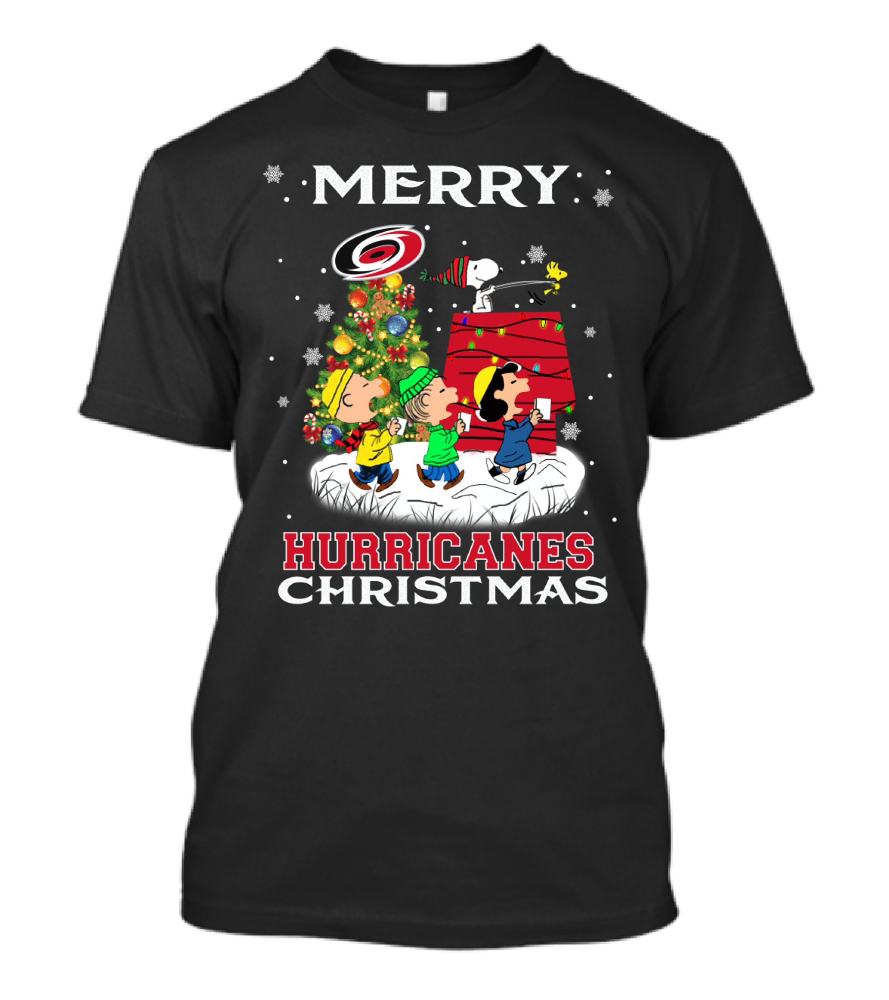 Merry Carolina Hurricanes Christmas Snoopy Peanuts Characters Caroling Winter Scene T-Shirt