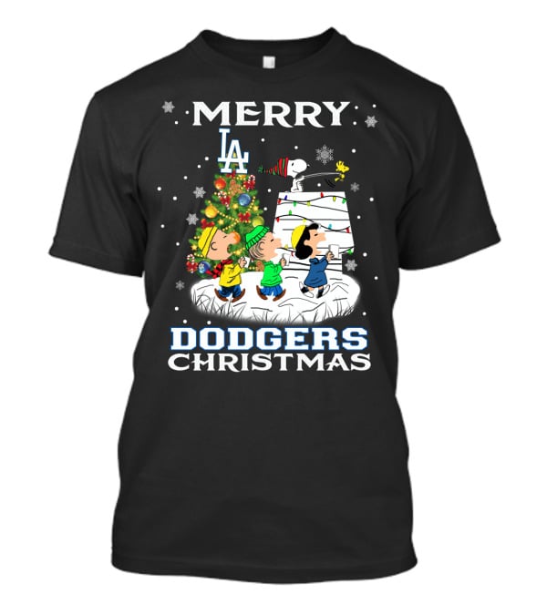 Merry Los Angeles Dodgers Christmas With Snoopy And Peanuts Holiday Scene T-Shirt