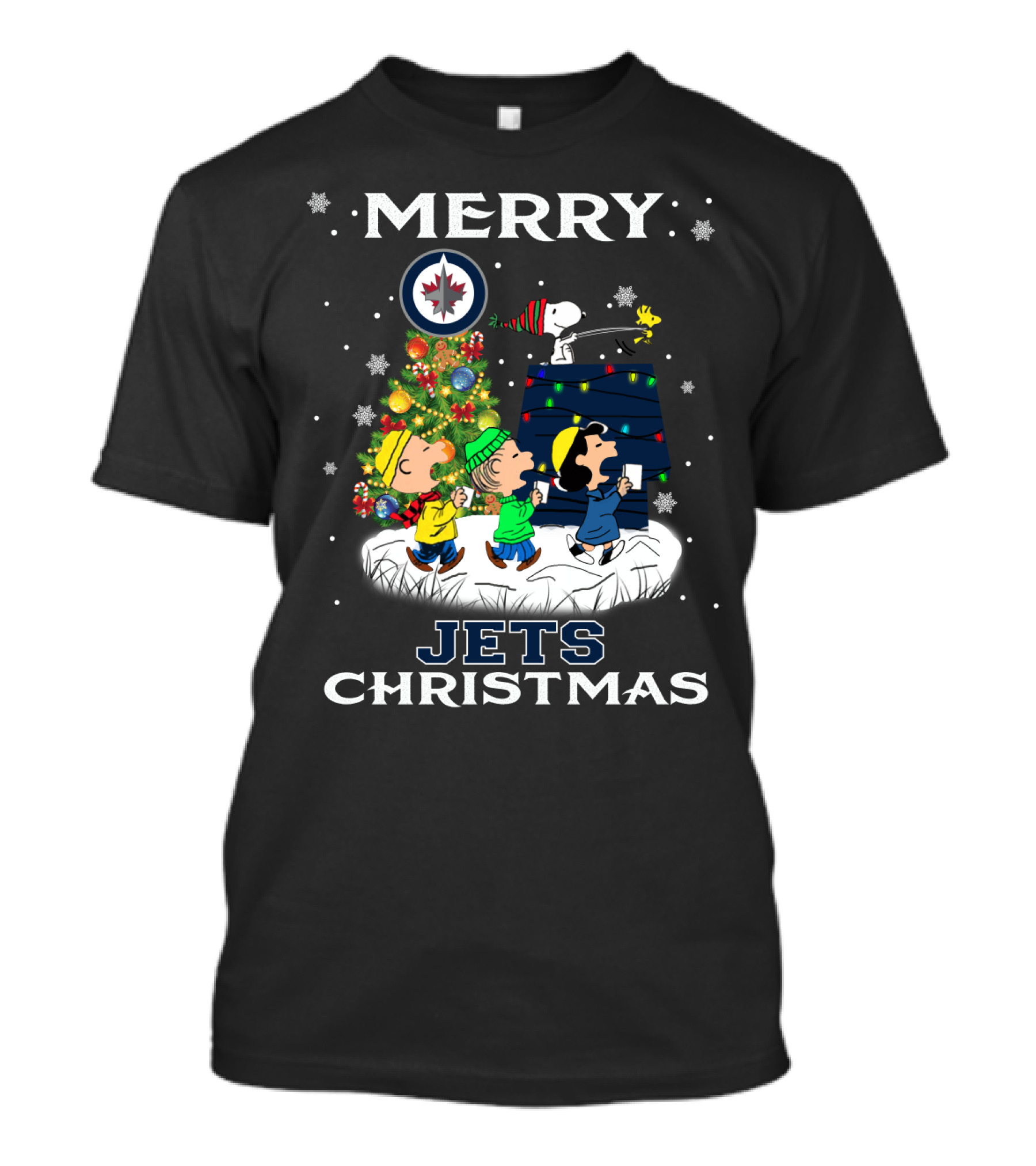 Merry Winnipeg Jets Christmas Featuring Snoopy And Peanuts Holiday Scene T-Shirt