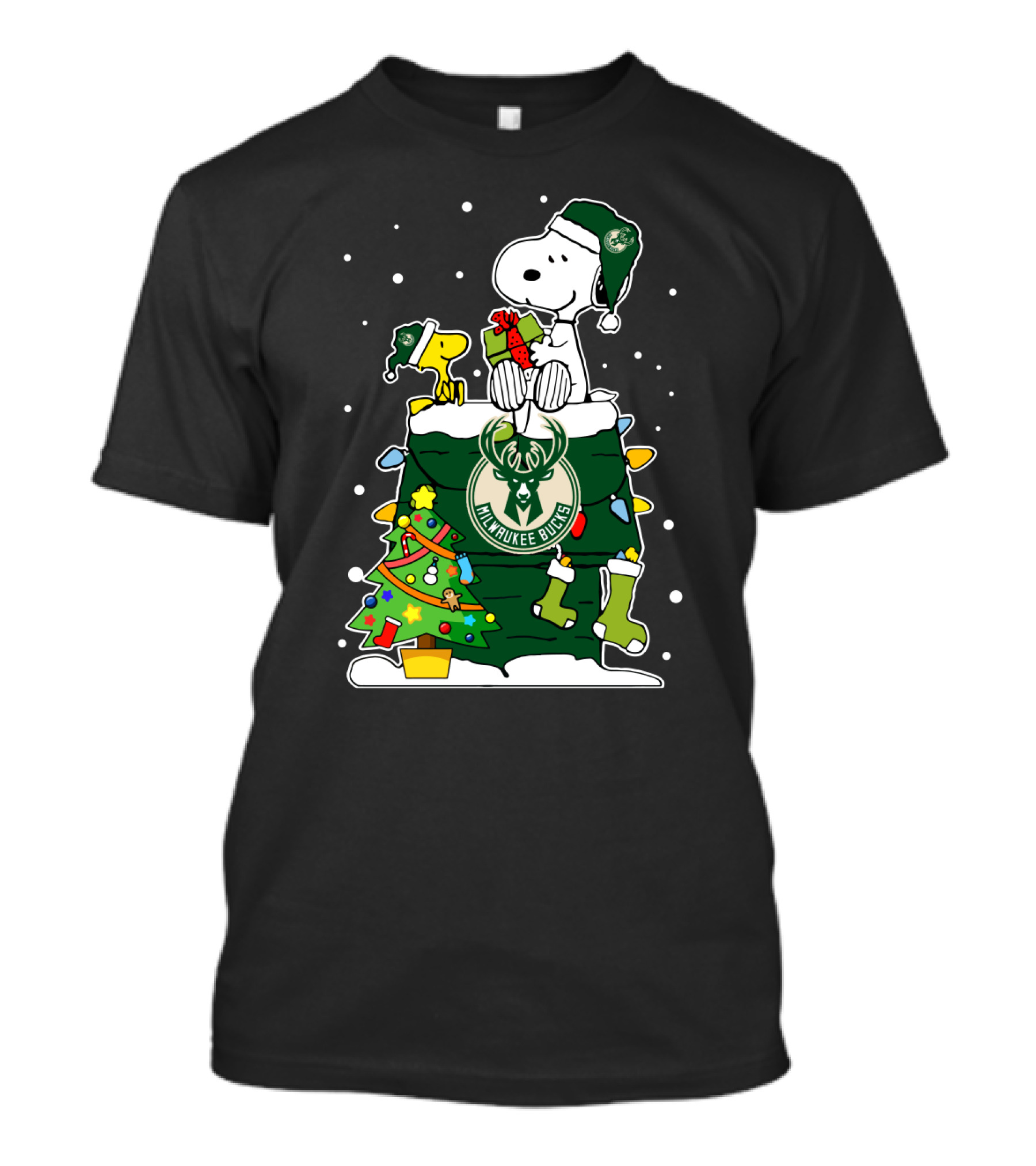 Milwaukee Bucks Christmas Snoopy And Woodstock Holiday Scene T-Shirt