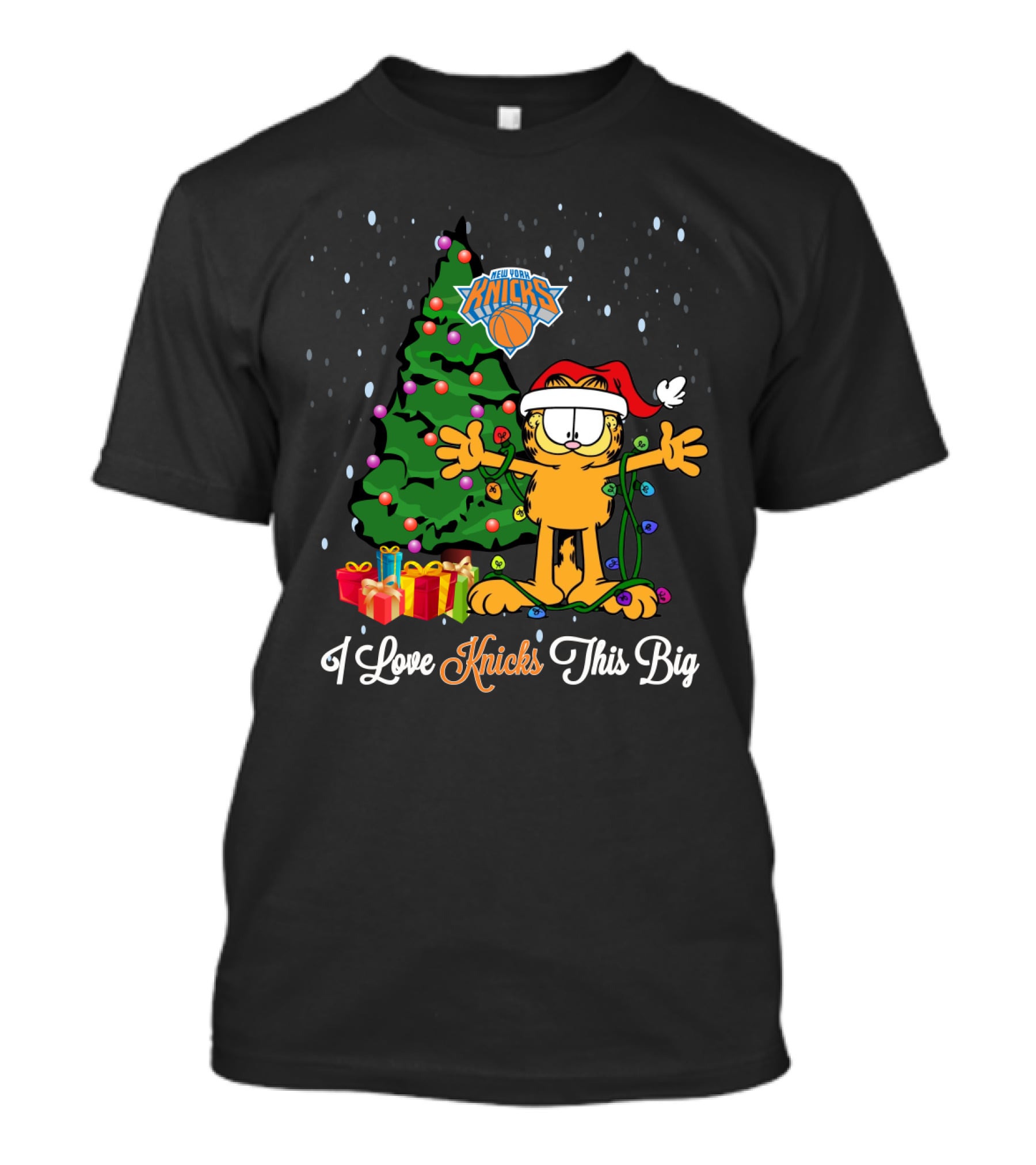 I Love Knicks This Big Christmas Garfield Cat Santa Hat New York Knicks Logo Tree T-Shirt